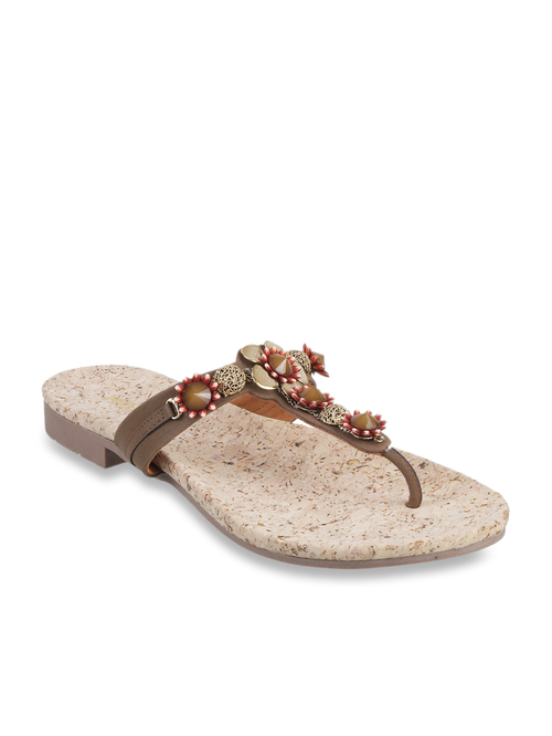 Mochi Brown & Antique Gold T-Strap Sandals Price in India