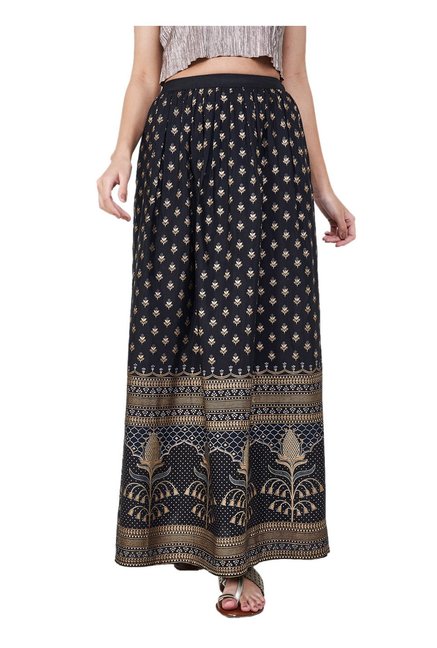 Global Desi Black Printed Maxi Skirt Price in India