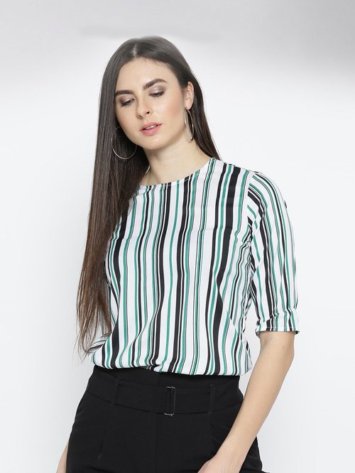 Style Quotient White & Green Striped Top Price in India