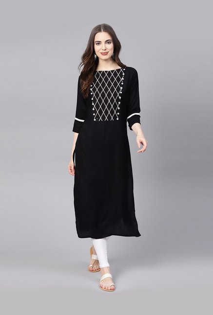 Jaipur Kurti Black Embroidered Straight Kurti Price in India