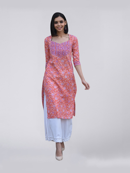 Okhai Pink Blush Pure Cotton Floral Print Straight Kurti Price in India