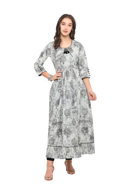 Inddus Off-White & Black Cotton Printed A Line Kurti Price in India