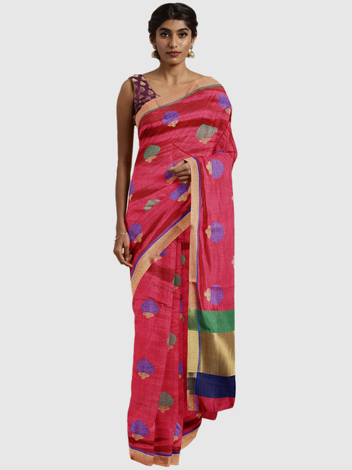 Pavecha's Pink & Green Woven Saree With Blouse Price in India