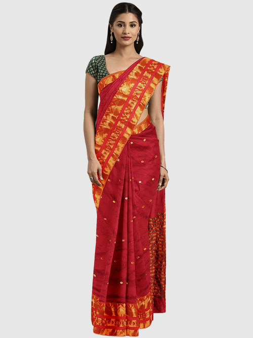 Pavecha's Red & Golden Woven Saree With Blouse Price in India