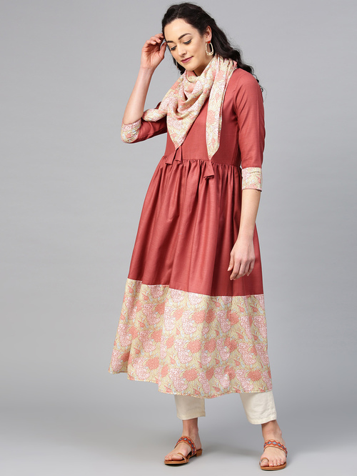 La Firangi Peach Cotton Floral Print A Line Kurta With Dupatta Price in India