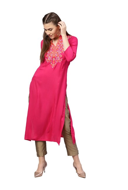 Varanga Pink Embroidered Cotton Straight Kurta Price in India