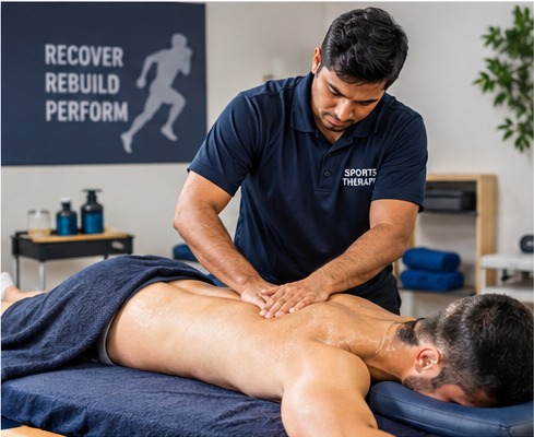 Sports massage therapist applying targeted massage to an athlete's back during a recovery session.