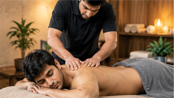 Massage therapist performing a gentle back massage for a male client in a wellness setting.