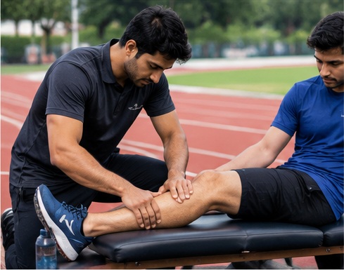 Sports therapist massaging a male runner's calf muscles after a training session.