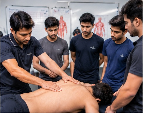 Sports massage practitioner demonstrating hands-on massage techniques to trainees.