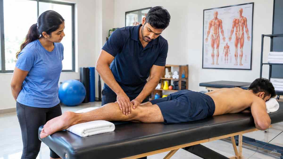 Sports massage training session demonstrating professional massage techniques.