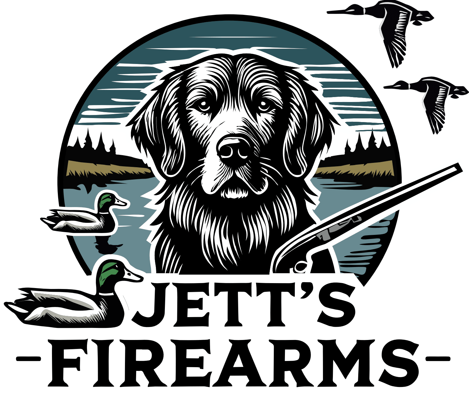 Jett's Firearms logo — hunting dog, ducks, and shotgun emblem