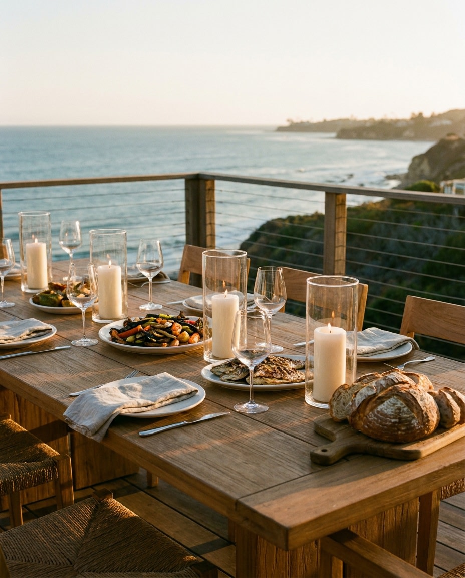 A dinner table set at golden hour overlooking the water.