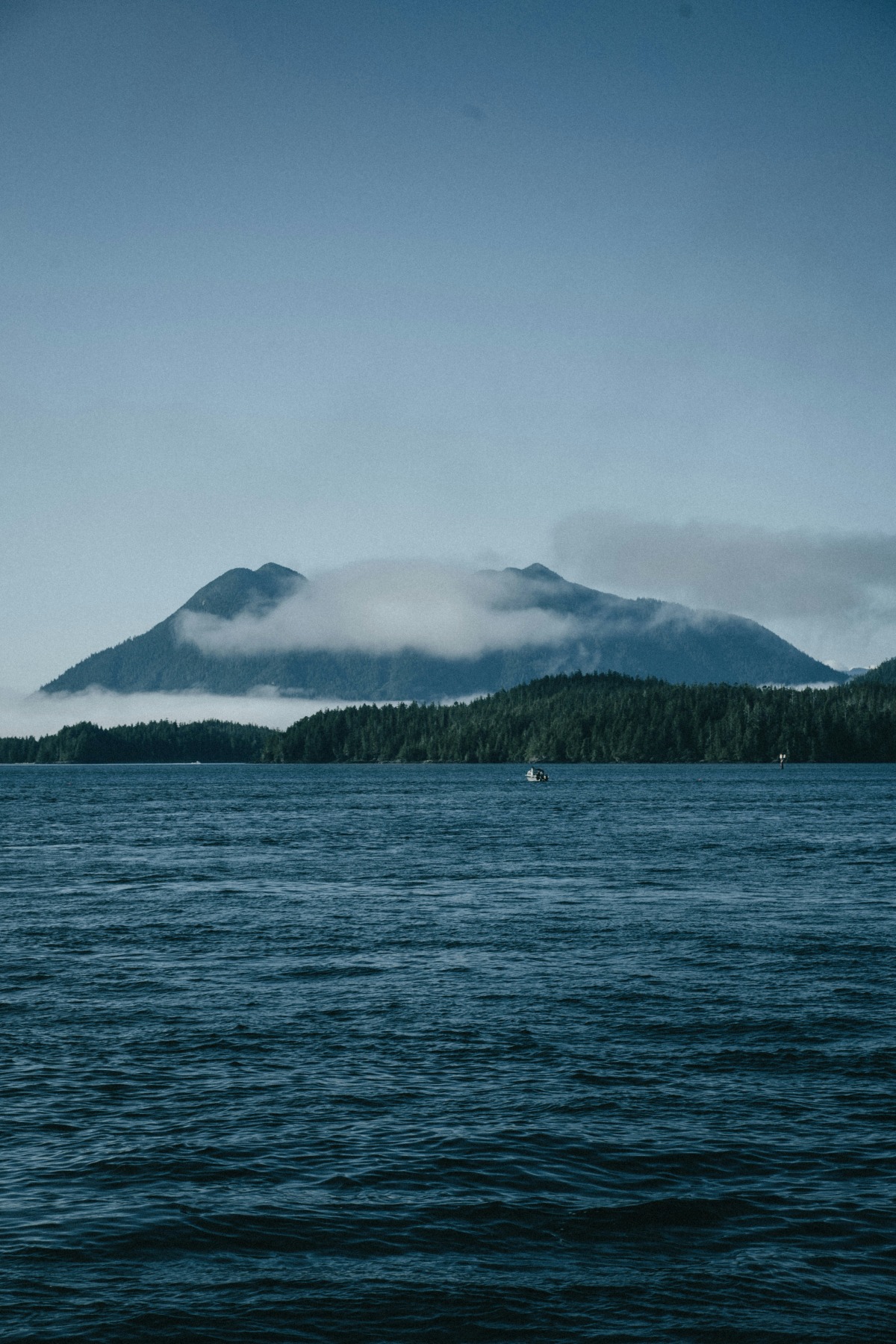 Mist-wrapped peaks across the water along the Pacific Rim.