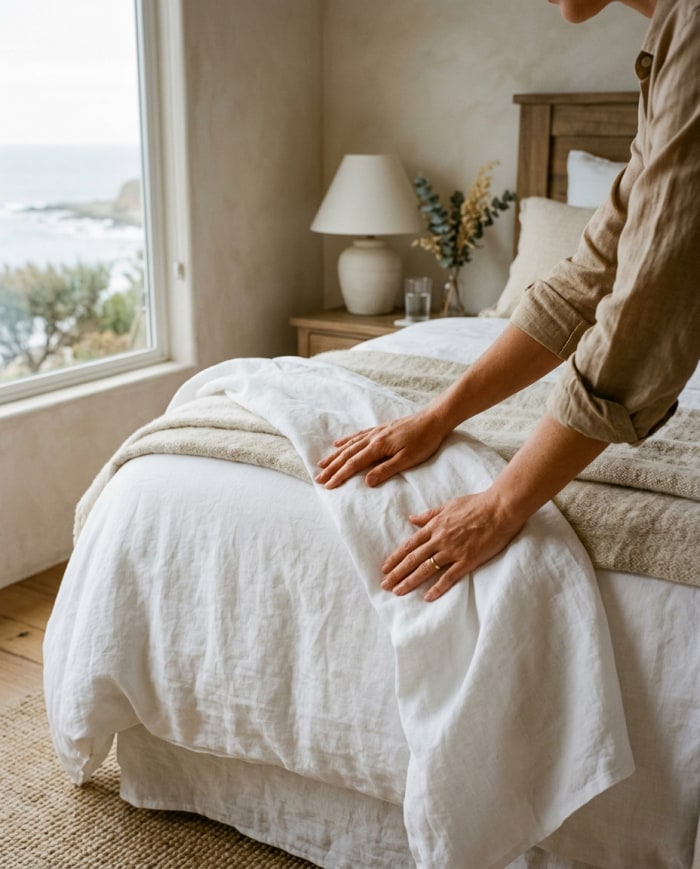 A host smoothing fresh linens onto a bed, ocean visible through the window.