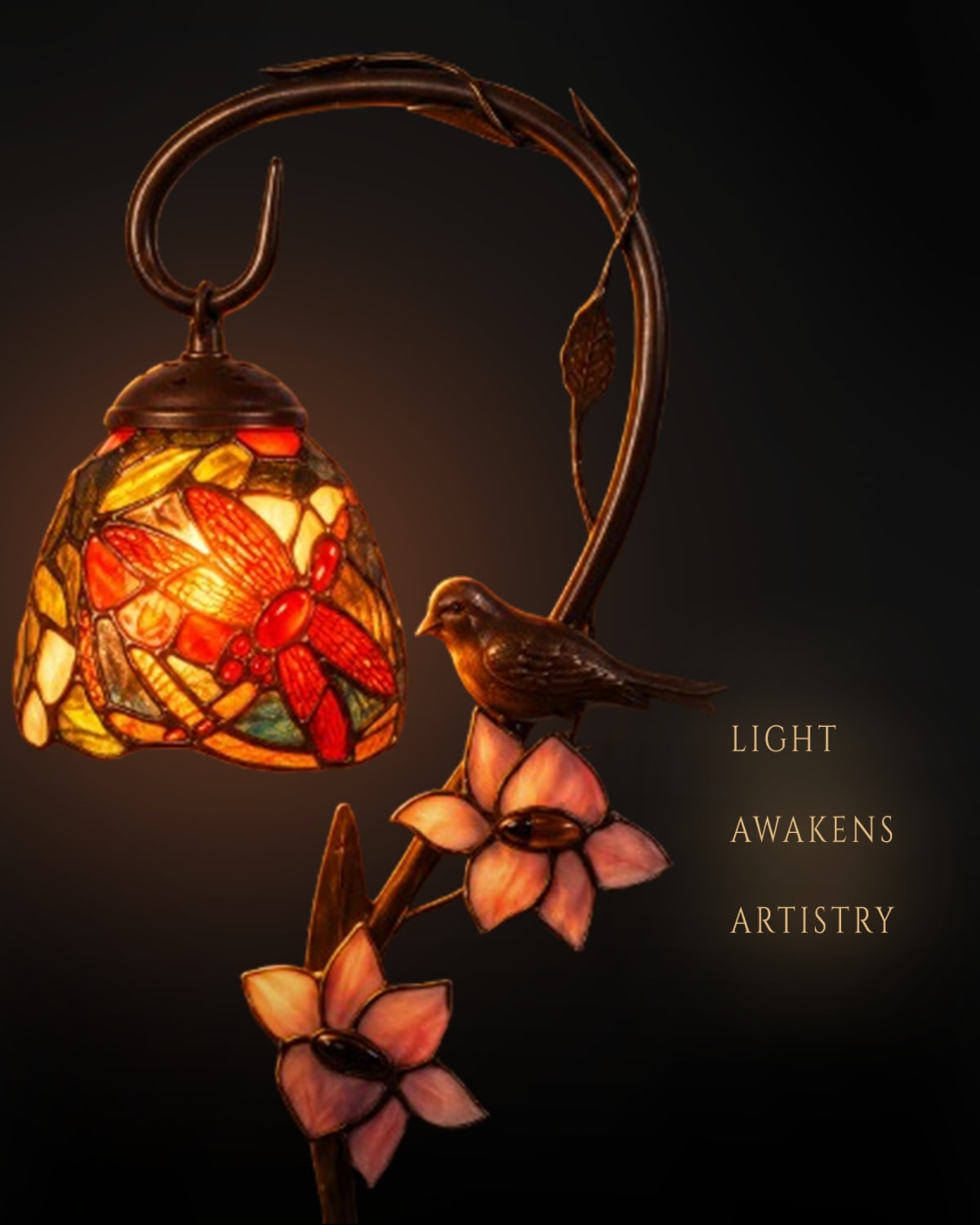 Lit Dale Tiffany stained glass lamp