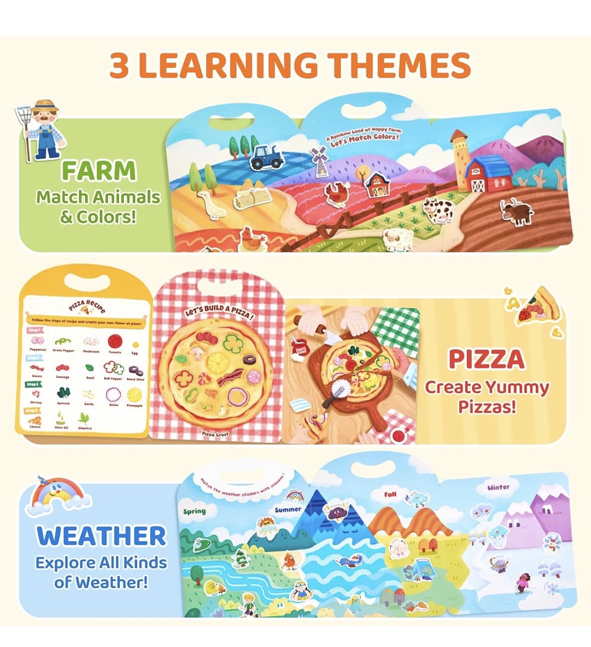 JoyCat Reusable Sticker Book 3 set (Pizza, Farm, Weather)
