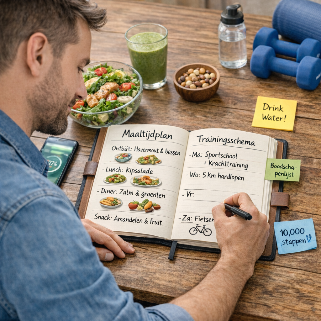 Persoon plant gezonde maaltijden en beweging in een planner