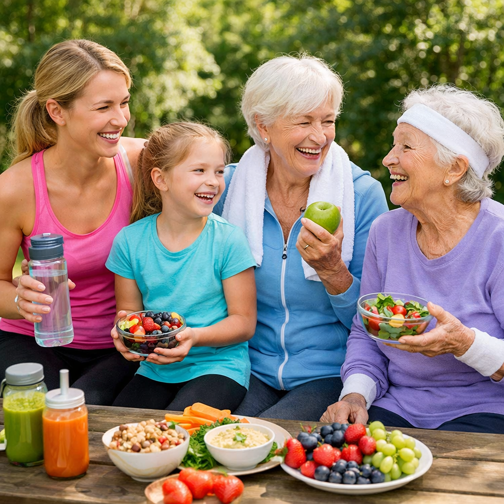 Verschillende generaties vrouwen die samen sporten en gezond eten