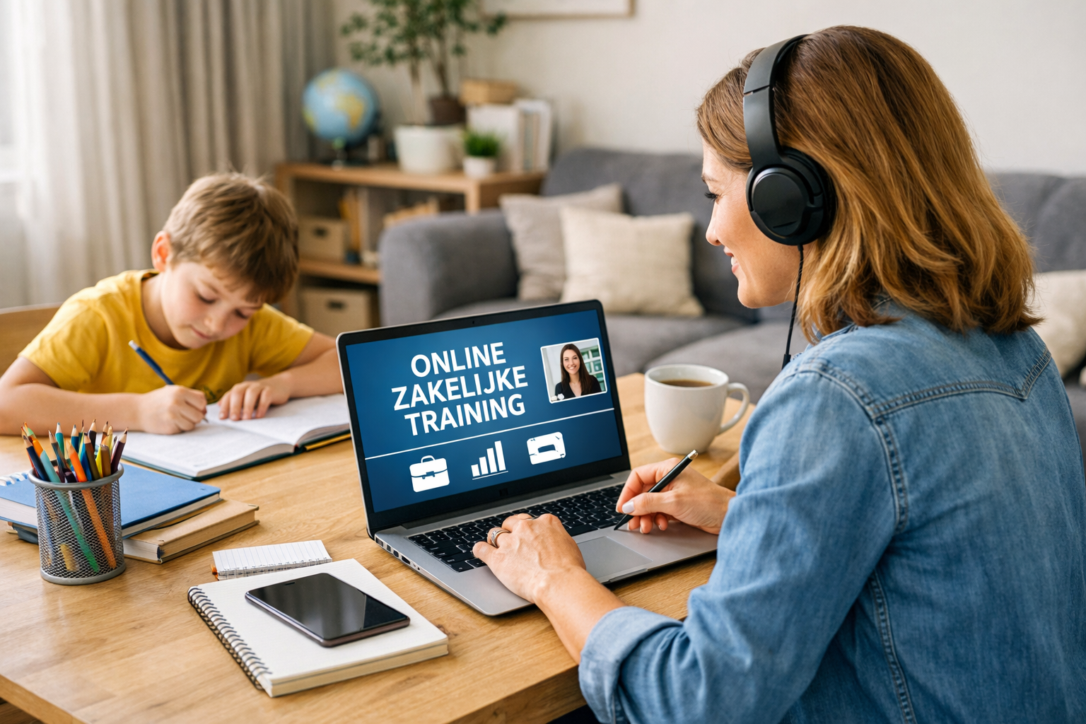 Ouder die thuis met kind en laptop werkt aan een online training