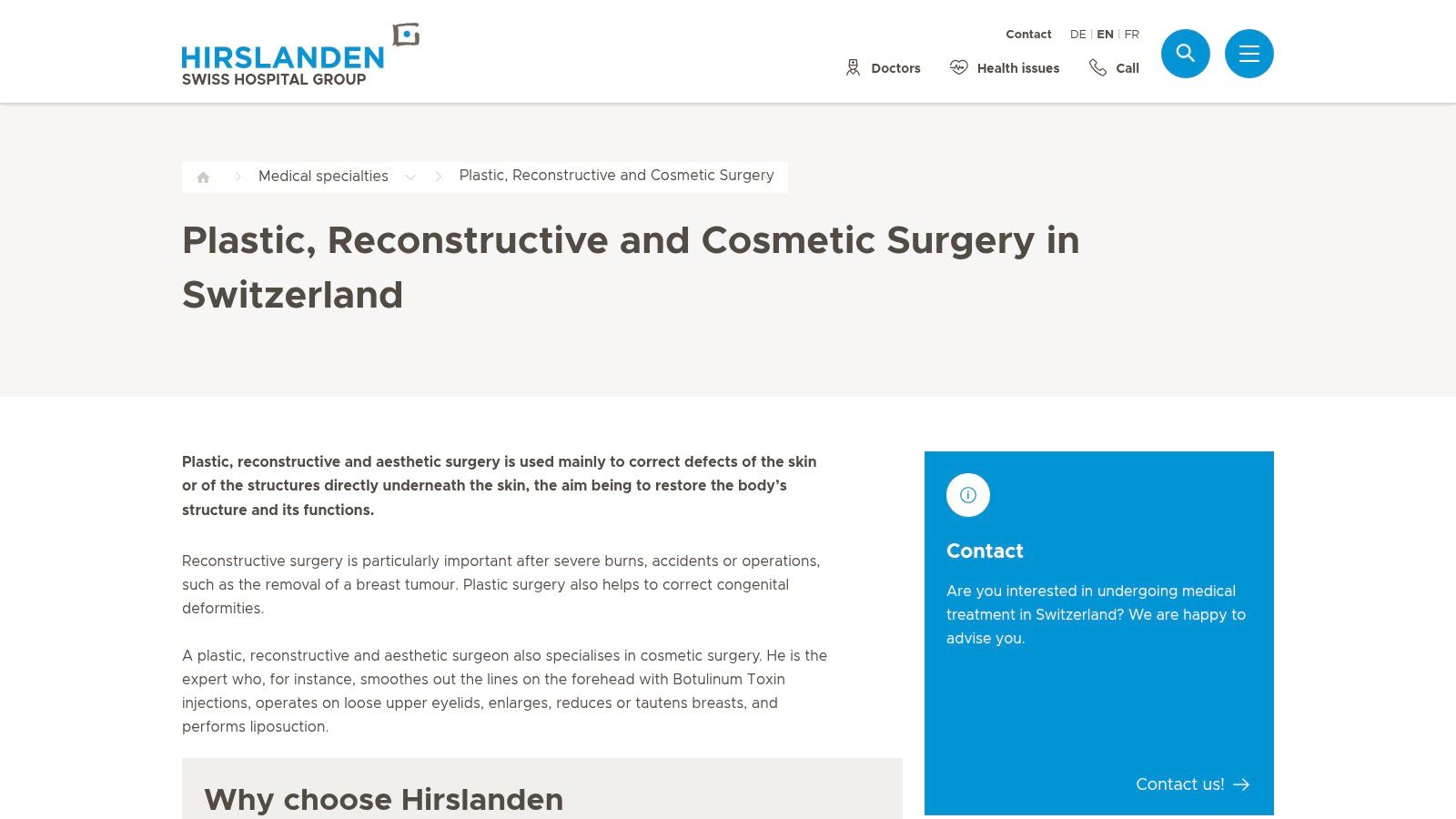 A modern and professional plastic surgery clinic interior, reflecting the high standards of Hirslanden facilities.