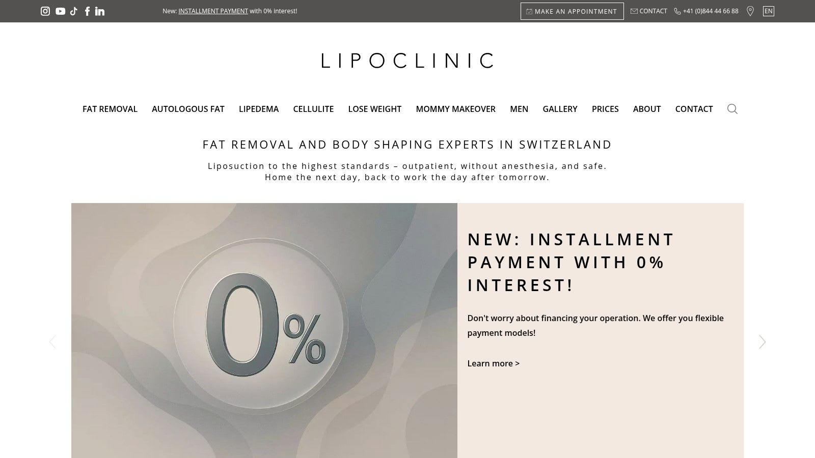 LIPOCLINIC.ch website highlighting financing options for treatments.