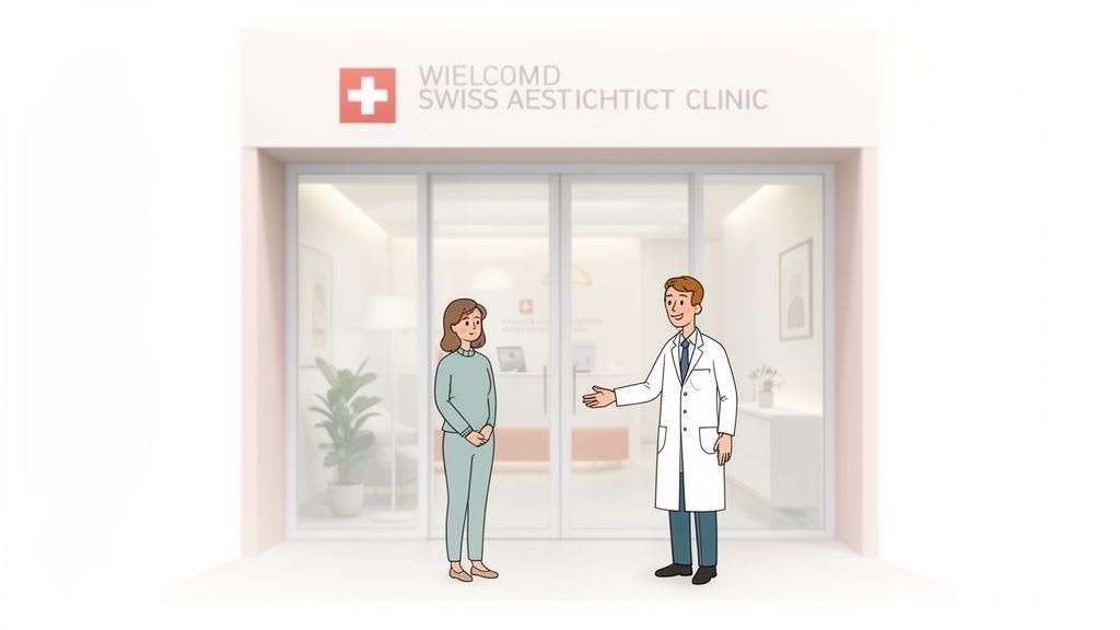 Un médecin cartoon amical accueille une patiente à l'entrée d'une clinique esthétique moderne en Suisse.