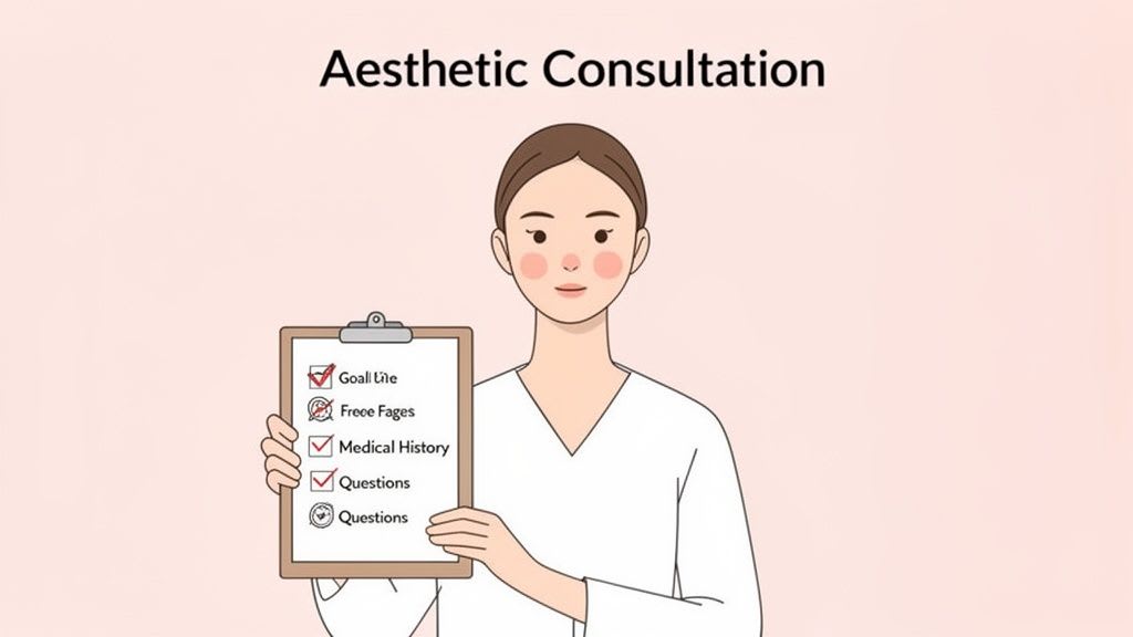 Illustration d'un professionnel de la santé tenant une liste de contrôle pour une consultation esthétique, couvrant les objectifs et les antécédents médicaux.