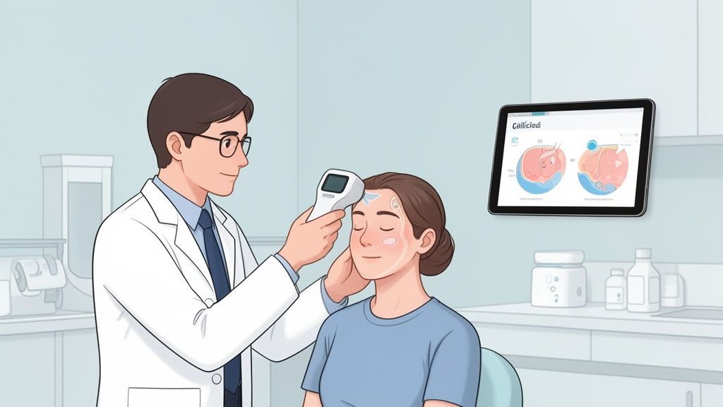 Un médecin masculin utilise un thermomètre sans contact sur le front d'une patiente lors d'une consultation médicale.