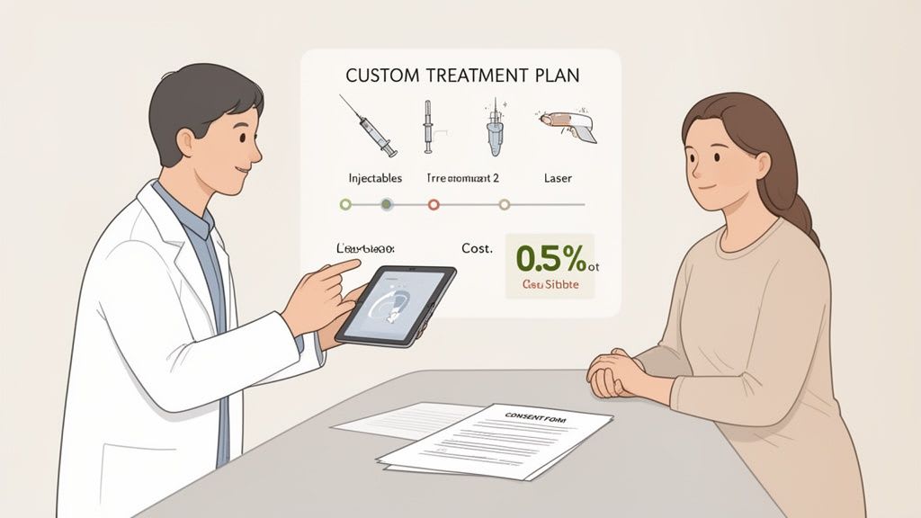 Un médecin montre un plan de traitement personnalisé sur une tablette à un patient lors d'une consultation esthétique.