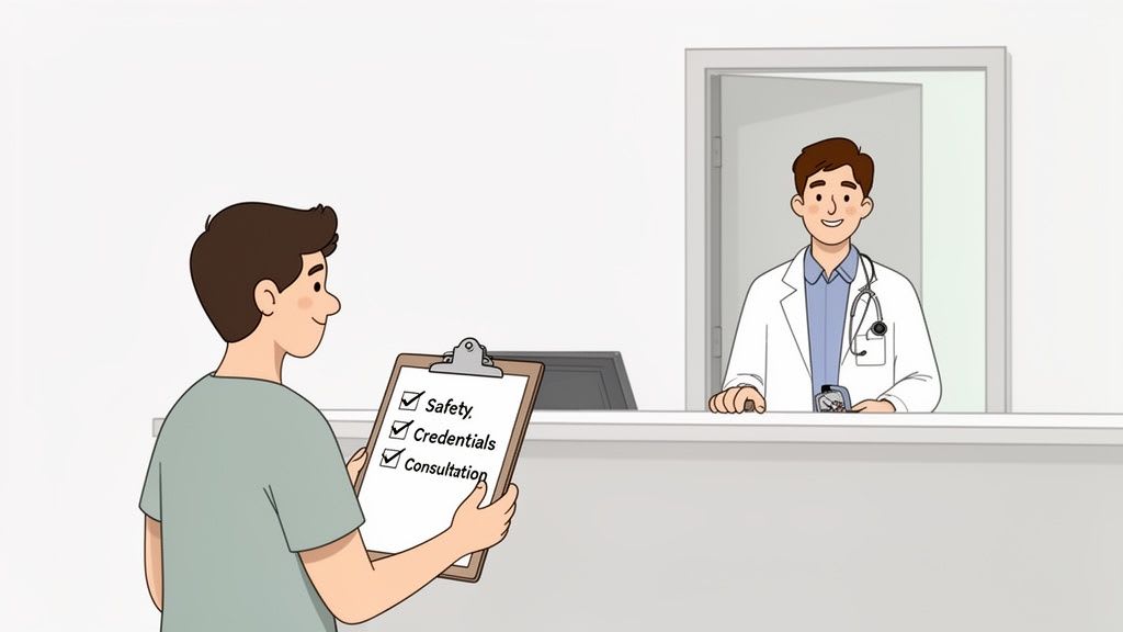 Un paziente tiene un elenco di controllo per la sicurezza, le credenziali e la consultazione mentre guarda un medico sorridente.