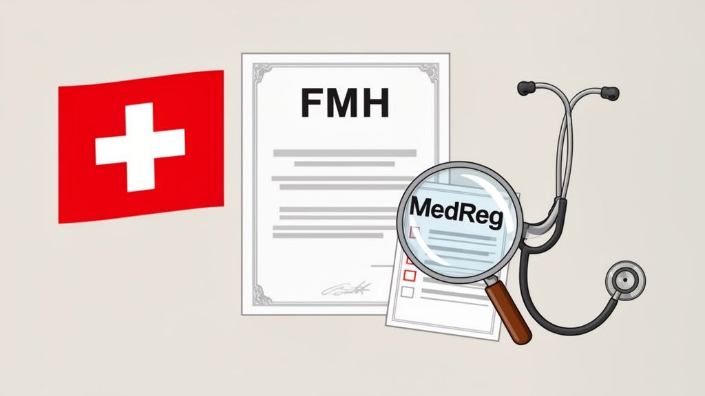 Bandiera svizzera, certificato FMH, MedReg sotto lente d'ingrandimento e uno stetoscopio, simbolo della regolamentazione medica.