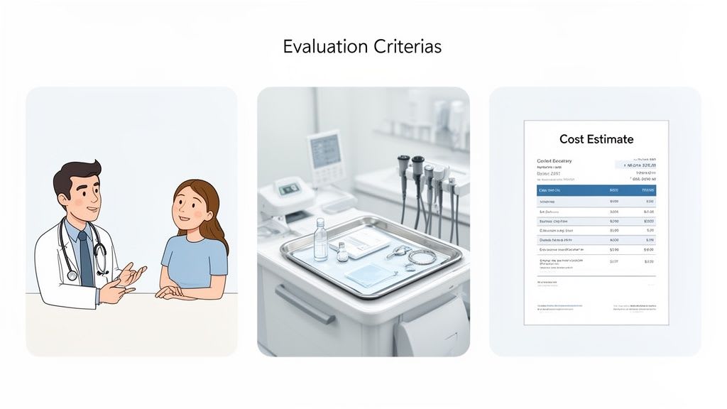 Criteri di valutazione per la selezione di una clinica, mostrando la consultazione medico-paziente, attrezzature mediche e una stima dei costi.