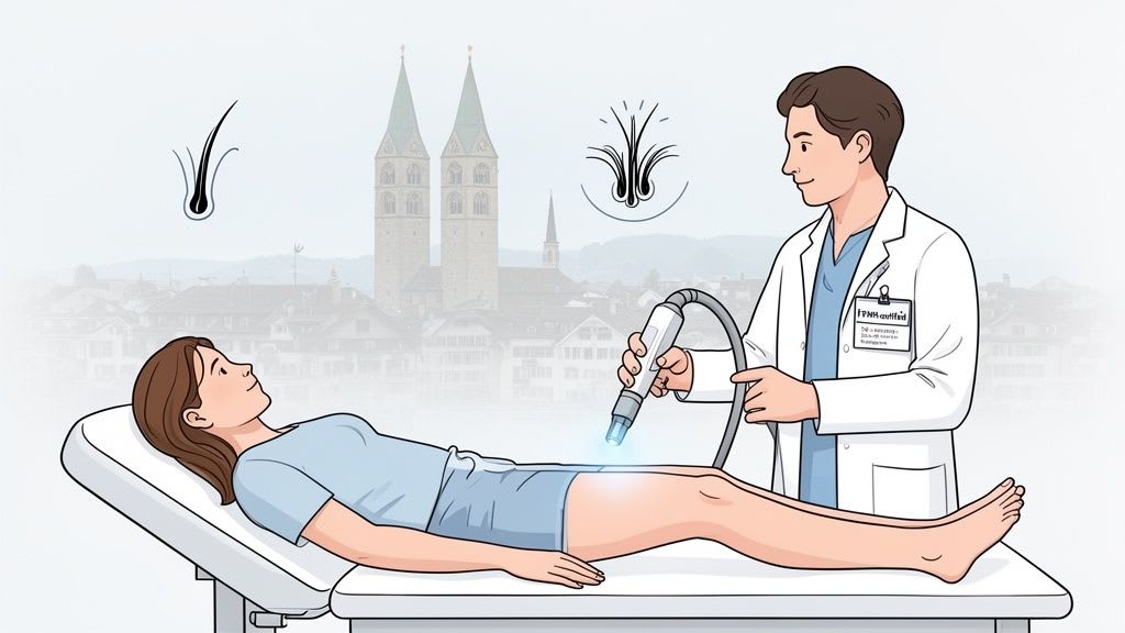 Un medico esegue la depilazione laser sulla gamba di una donna in una clinica, con lo skyline della città sullo sfondo.