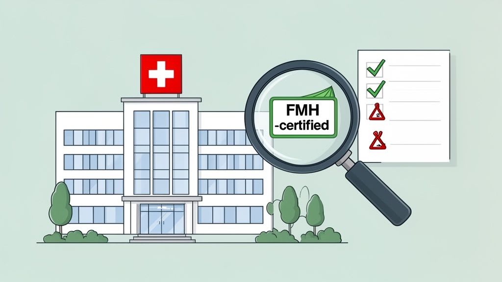 Un edificio ospedaliero con alberi, una lente d'ingrandimento su un documento certificato FMH e un elenco di controllo.
