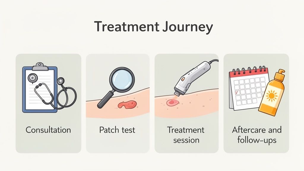Illustrazione di un percorso di trattamento medico con quattro fasi: consulenza, test cutaneo, trattamento e dopo-cura.