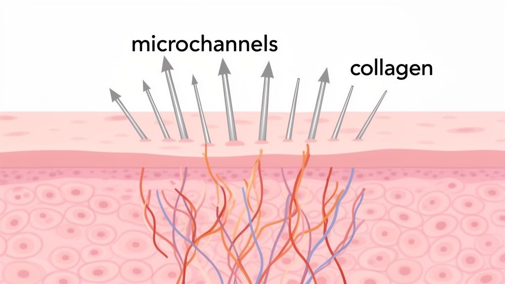 Diagramme montrant des microneedles créant des microcanaux dans la peau pour stimuler la production de collagène.
