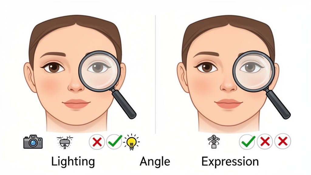 Une illustration comparant un bon éclairage, un bon angle et une bonne expression pour la photographie de portrait.