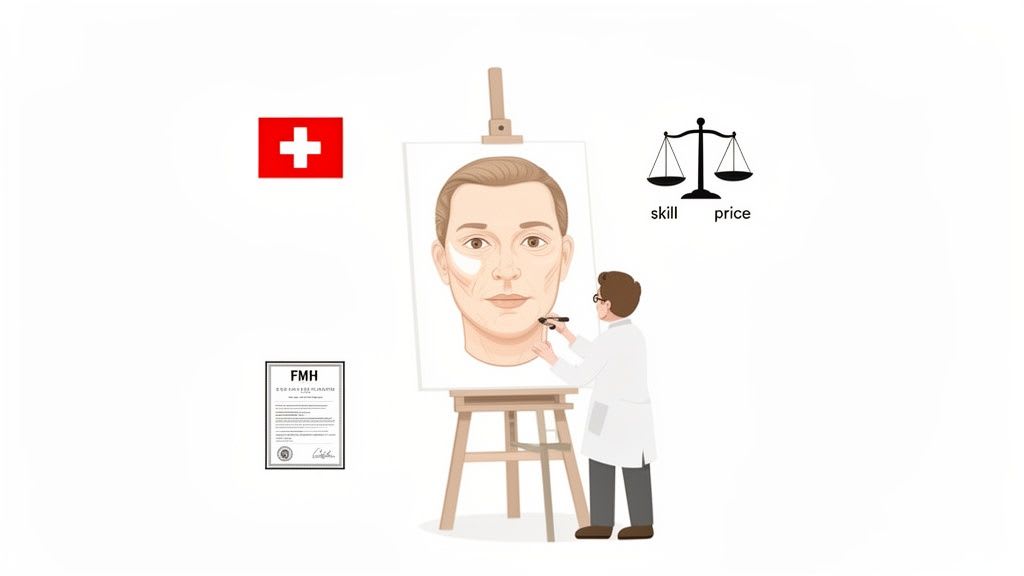 A doctor illustrates a facelift on a man's face, symbolizing Swiss medical expertise and the balance between skill and cost.