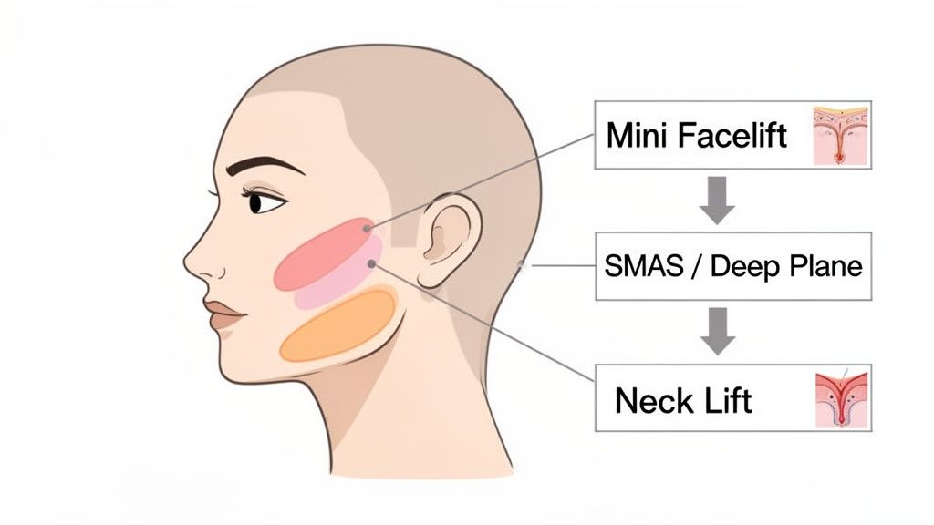 Anatomical diagram detailing mini facelift, SMAS/deep plane, and neck lift areas.