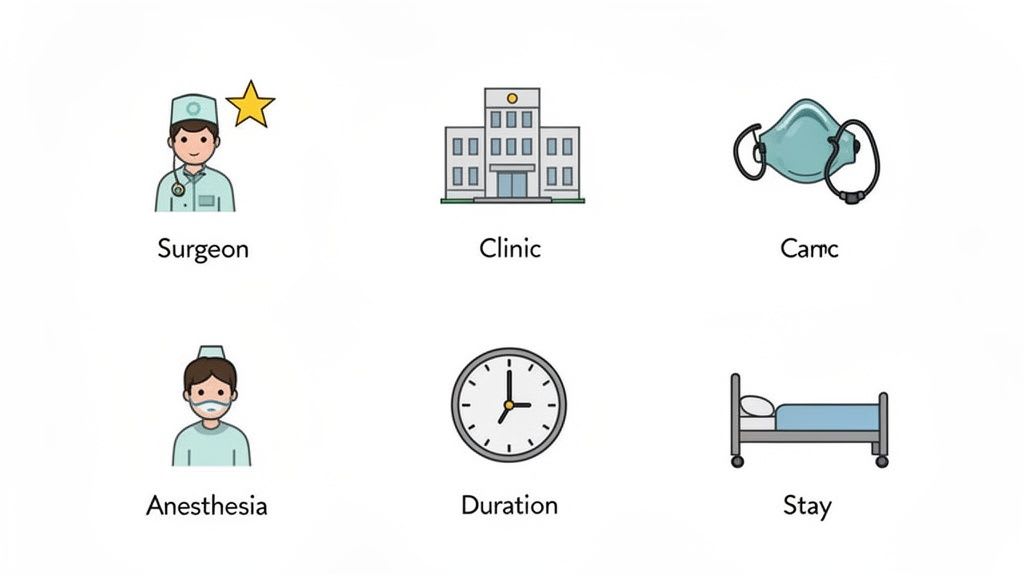 Six icons representing medical and hospital concepts: surgeon, clinic, mask, anesthesia, duration, and stay.
