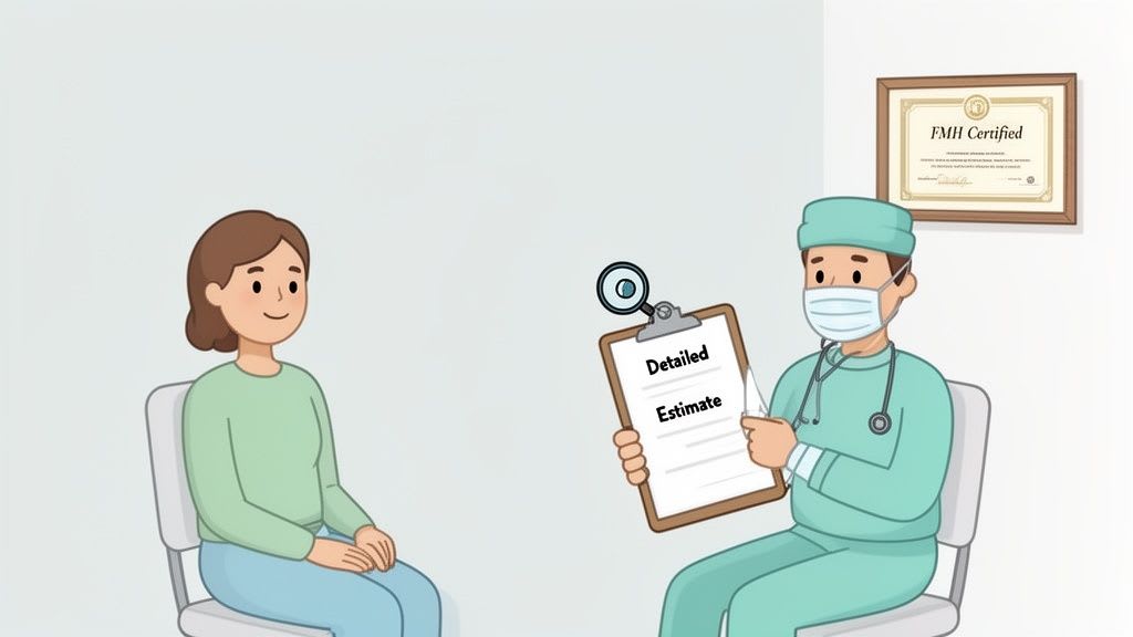 A doctor in scrubs and mask presents a detailed estimate to a patient during a consultation.
