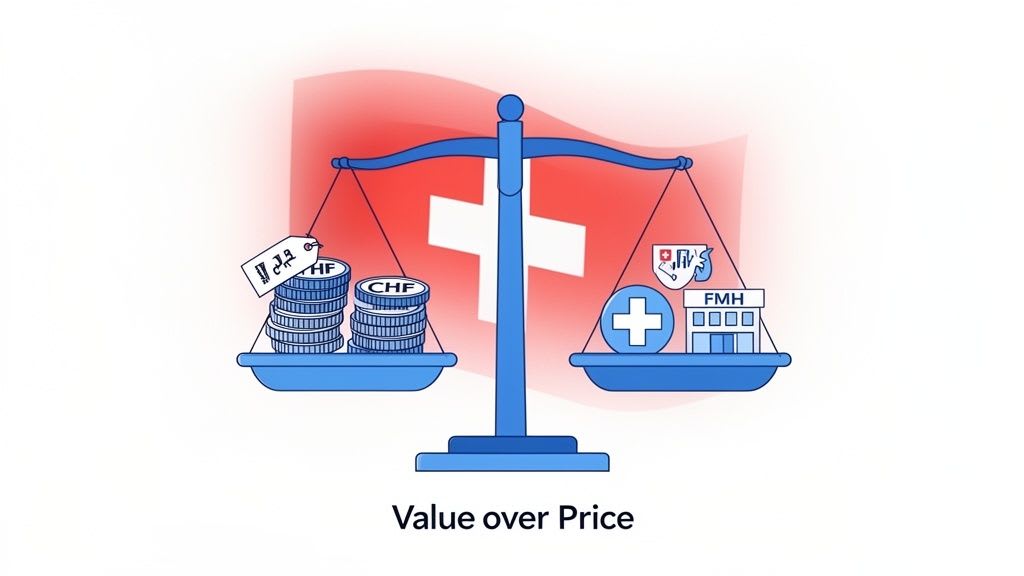 Illustration of scales balancing Swiss Francs coins against healthcare services, symbolizing value over price in Switzerland.