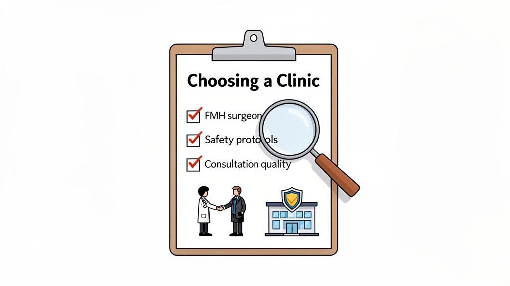 A clipboard checklist for choosing a medical clinic, emphasizing surgeon, safety, and consultation quality.