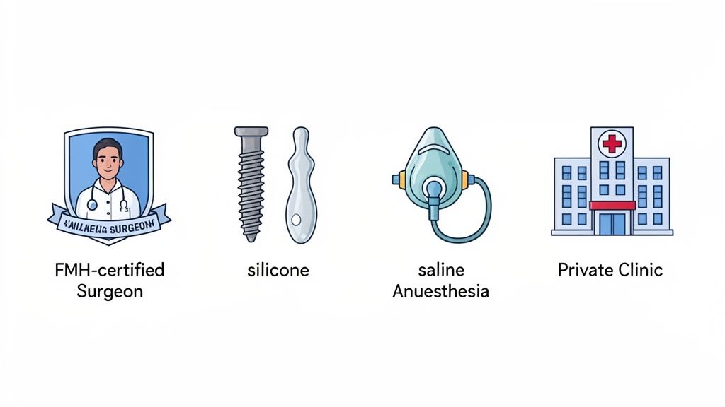 Icons representing a certified surgeon, silicone implants, an anesthesia mask, and a private clinic.