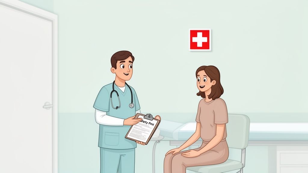 Un medico in camice con un stetoscopio parla con una paziente femminile in una stanza medica, tenendo una cartella "Sicurezza Prima di Tutto".