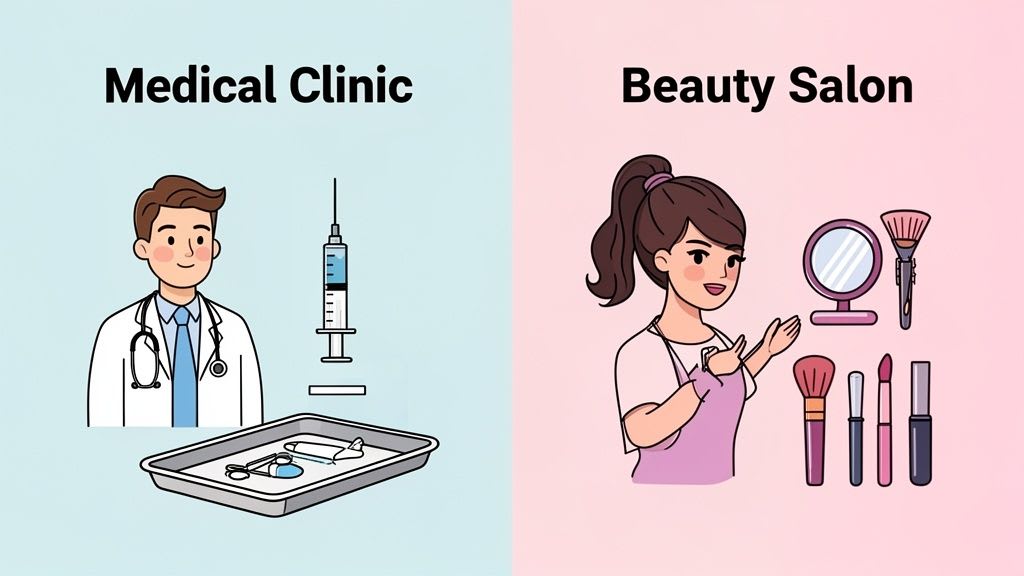 Illustrazione che contrasta una clinica medica con un medico, siringa e strumenti medici, e un salone di bellezza con un'estetista e trucco.