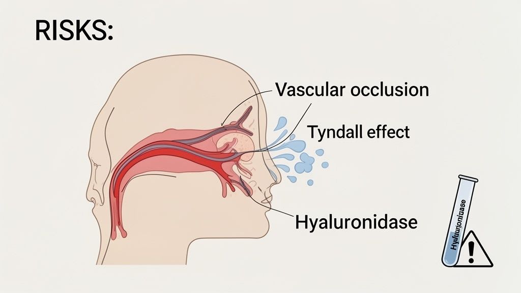 Diagramma che illustra i rischi dei trattamenti estetici facciali: occlusione vascolare, effetto Tyndall e ialuronidasi.