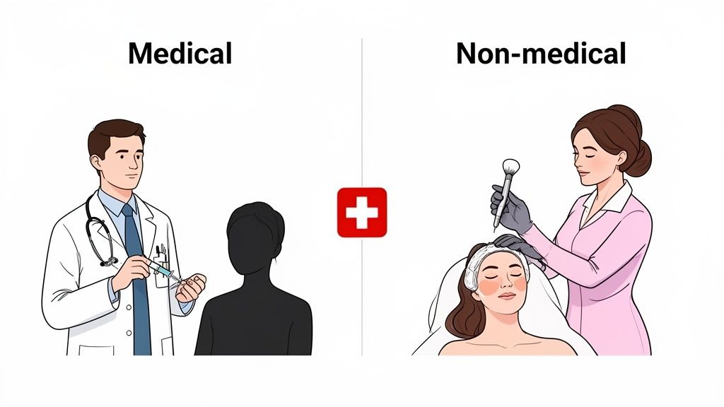 Un'immagine divisa che contrasta i trattamenti estetici medici e non medici, mostrando un medico con una siringa e un cosmetologo che applica un trattamento viso.