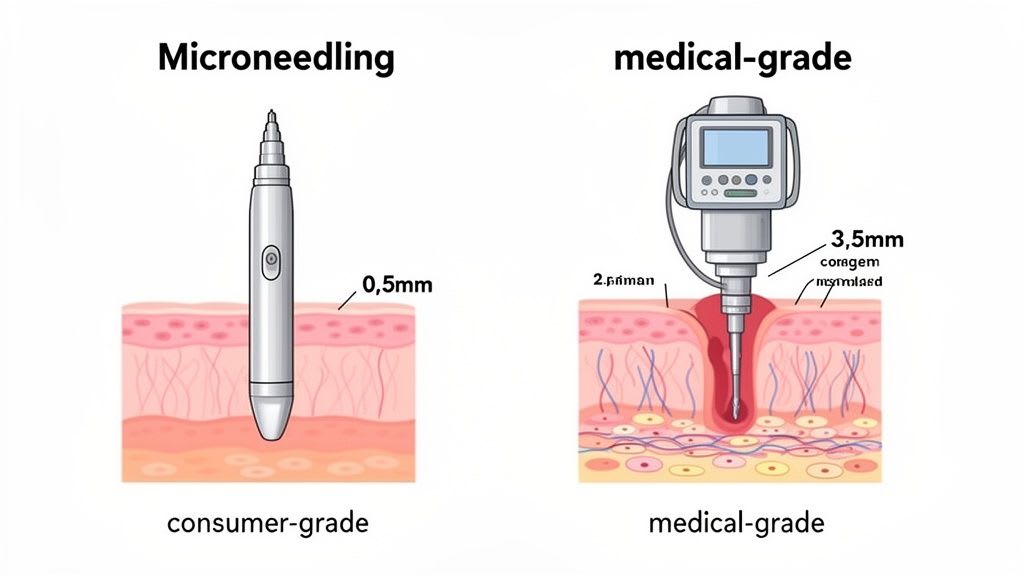 Confronto tra microneedling di grado consumatore (profondità 0.5mm) rispetto a microneedling di grado medico (profondità 3.5mm) nella pelle.